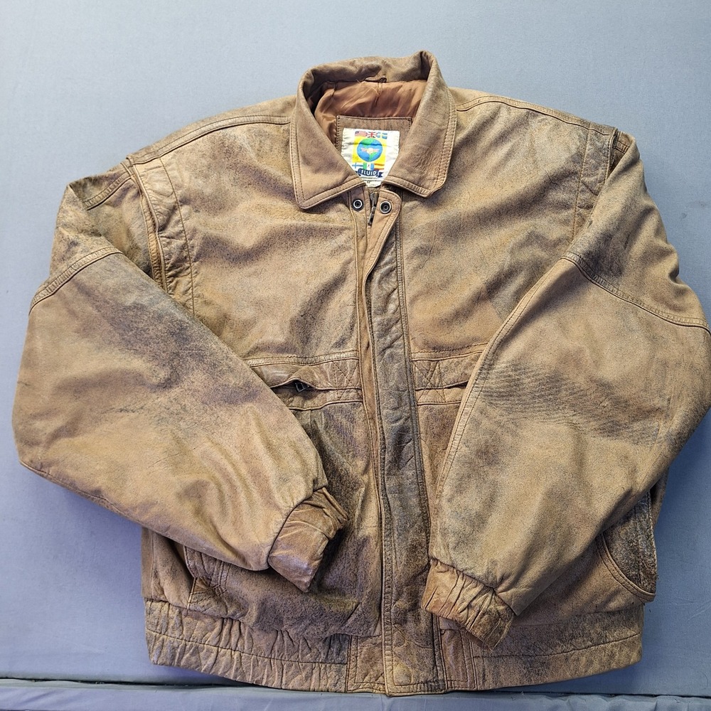 Vintage Fluid Mens Brown Distressed Genuine Leather Bomber Aviator Jacket Size M